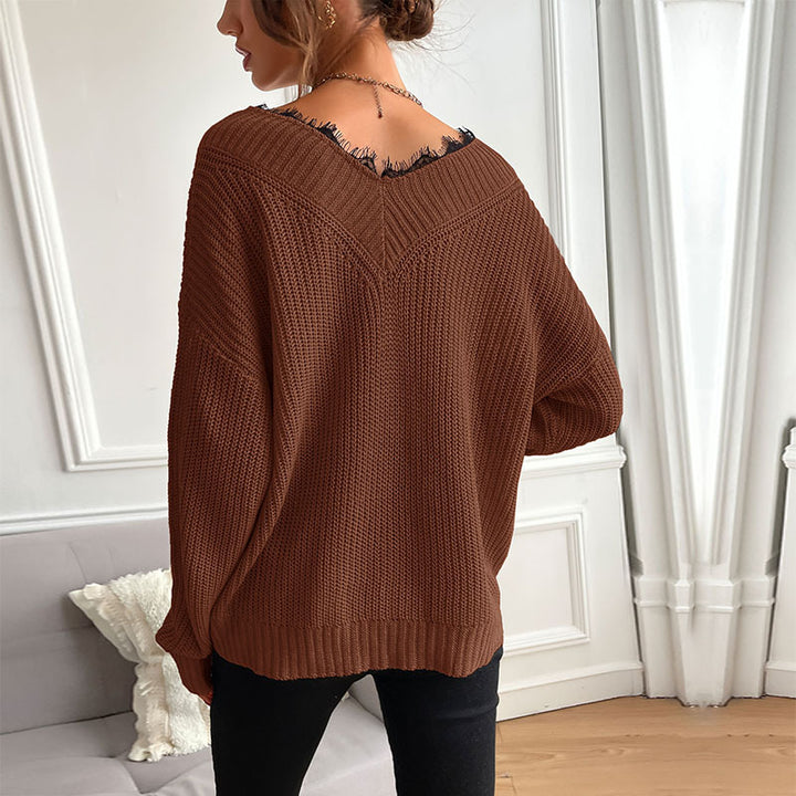 Damen Oversize V‑Ausschnitt Feinstrickpullover mit überschnittener Schulter und Rippbündchen Echoarchiv