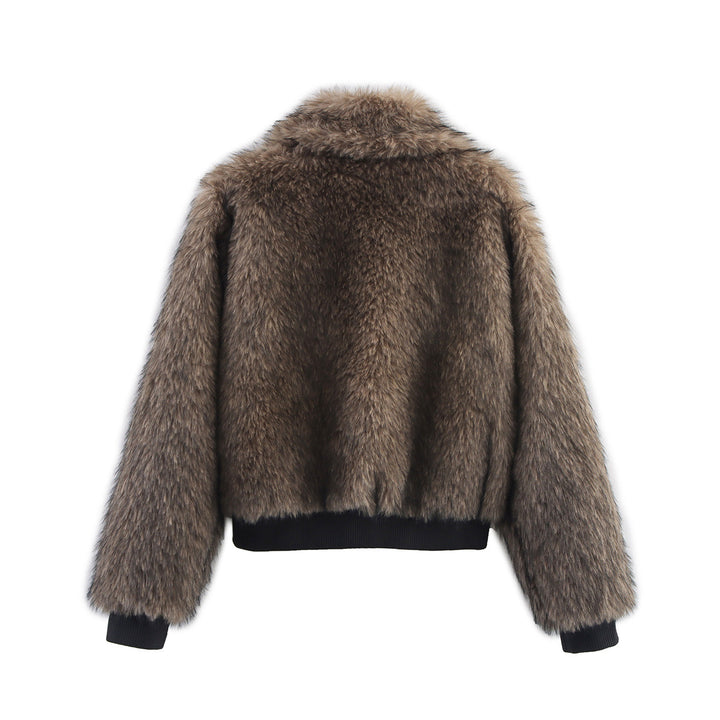 Damen kurze Teddy-Bomberjacke mit großem Schalkragen, Reißverschluss und geripptem Saum – Avenza