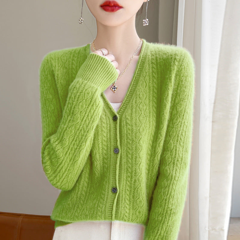 Damen Kurzer Zopfmuster-Cardigan im Mohair-Look mit V‑Ausschnitt und gerippten Bündchen Echoarchiv