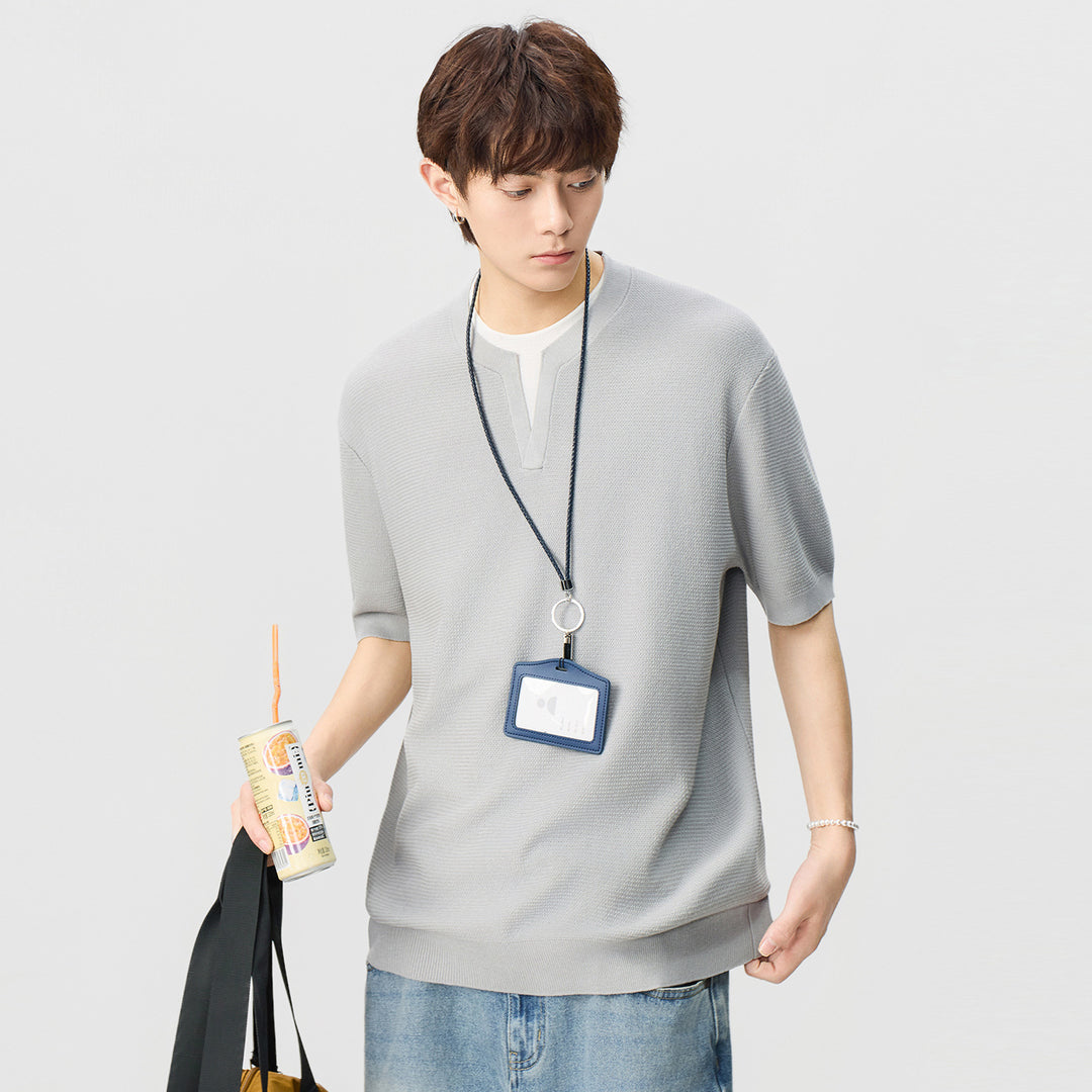Herren Kurzarm-Strickshirt mit strukturierter Waffeloptik und V-Notch-Kragen Echo Archiv