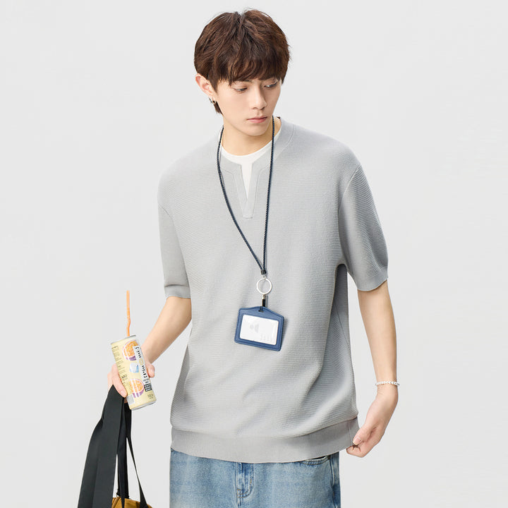 Herren Kurzarm-Strickshirt mit strukturierter Waffeloptik und V-Notch-Kragen Echo Archiv