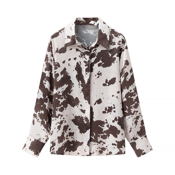Damen Oversize-Hemdbluse mit Kuhflecken-Print, verdeckter Knopfleiste und weitem Schnitt Echo Archiv