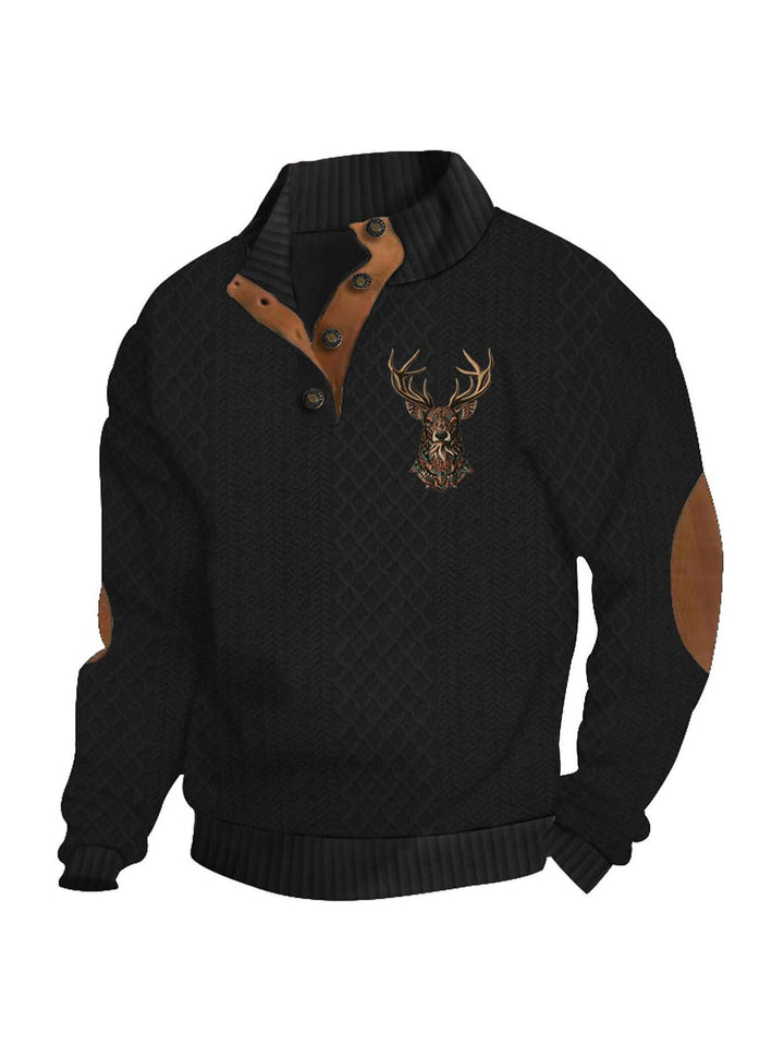 Herren nan Heritage-Strukturpullover mit Stehkragen Lederimitat-Besatz Ellenbogen-Patches und Halbknopfleiste Echo Archiv
