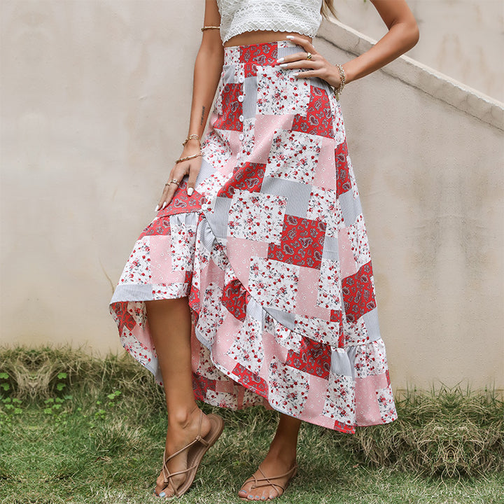 Damen Patchwork-Midirock mit Knopfleiste und asymmetrischem Volant – Rosévia