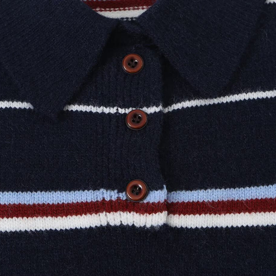 Damen Gestreifter Strickpolopullover mit kurzer Knopfleiste und Rippbündchen Echoarchiv