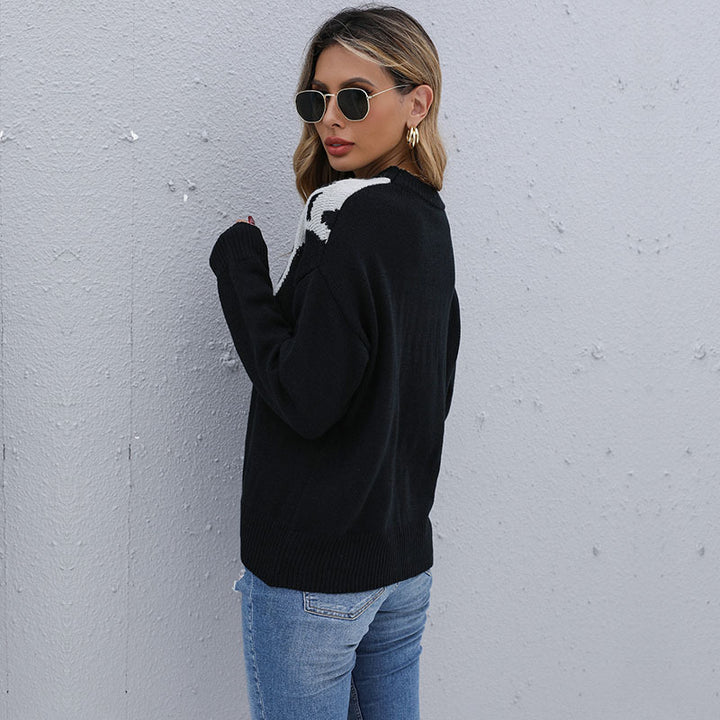 Damen Feinstrickpullover mit kontrastiver Leo‑Jacquard‑Passe und legerer Silhouette Echoarchiv