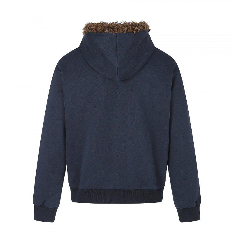 Herren Kapuzenjacke mit Vintage‑Flaggenprint, Kunstfellkapuze und Zweiwege‑Reißverschluss Echo Archiv