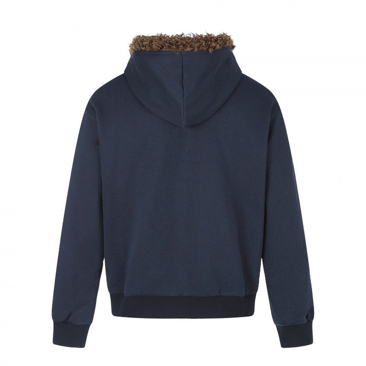 Herren Kapuzenjacke mit Vintage‑Flaggenprint, Kunstfellkapuze und Zweiwege‑Reißverschluss Echo Archiv
