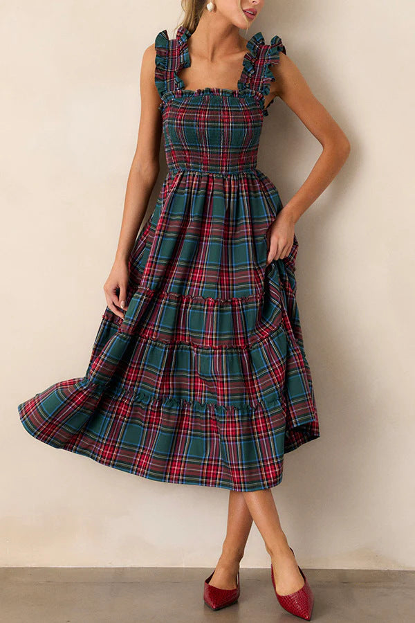 Damen Maxikleid mit voluminösen Rüschendetails und klassischen Karo-Muster Echo Archiv