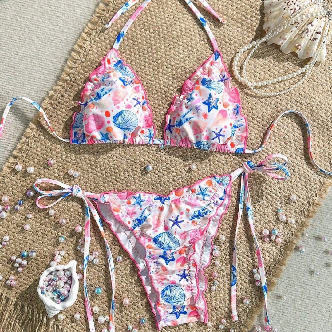 Damen fröhlicher Blumenmuster-Bikini mit Rüschen Echo Archiv