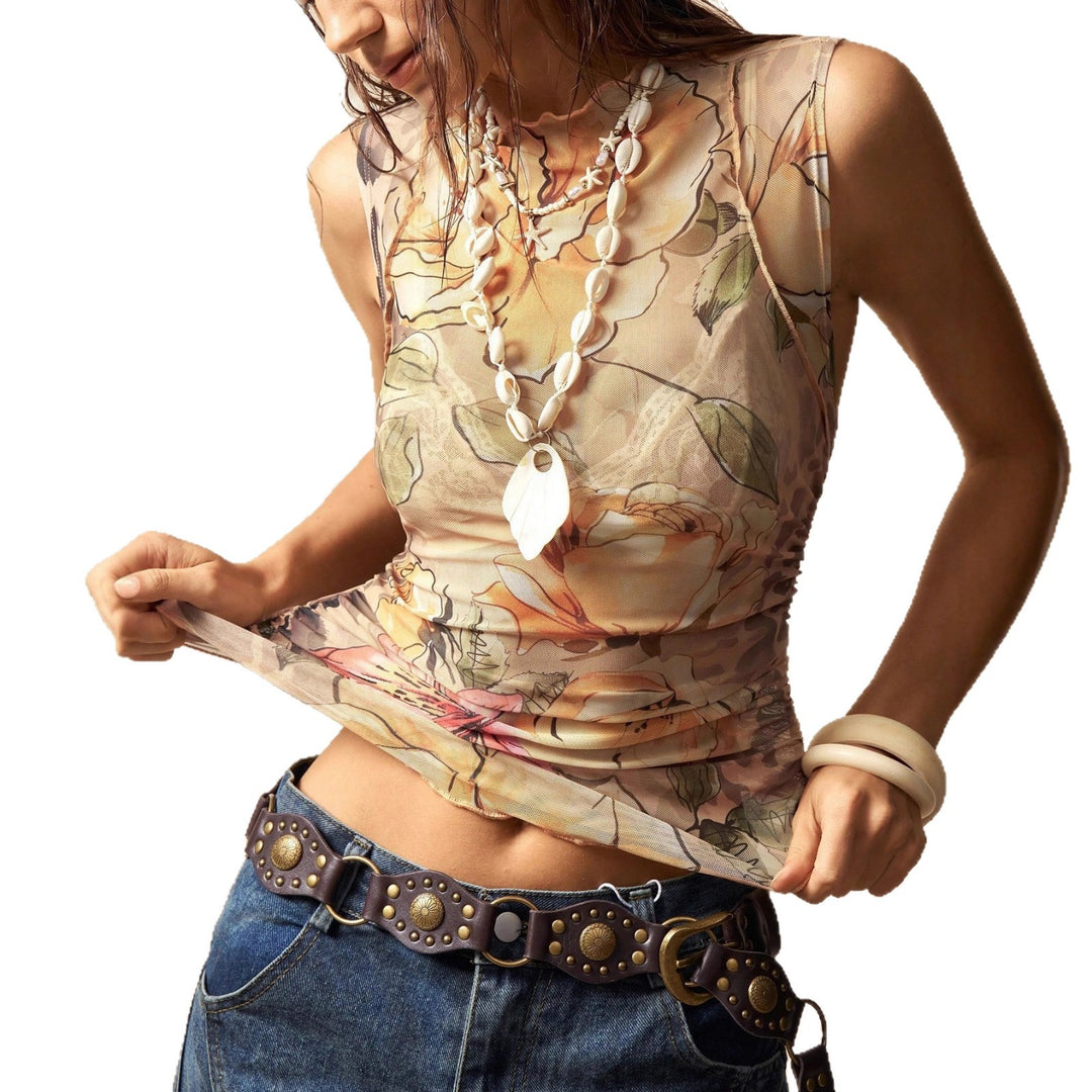 Damen nan figurnahes Mesh-Top mit floralem Aquarellprint, Stehkragen und seitlicher Raffung Echo Archiv