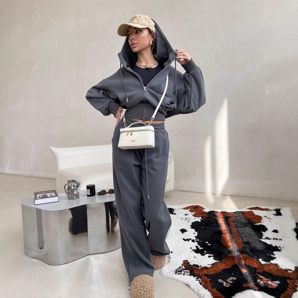 Damen Zweiteiliges Loungewear-Set mit kurzem Zip-Hoodie und hochtaillierter weiter Jogginghose – Auréline