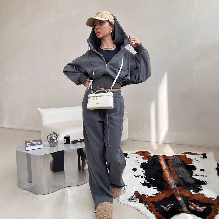 Damen Zweiteiliges Loungewear-Set mit kurzem Zip-Hoodie und hochtaillierter weiter Jogginghose – Auréline