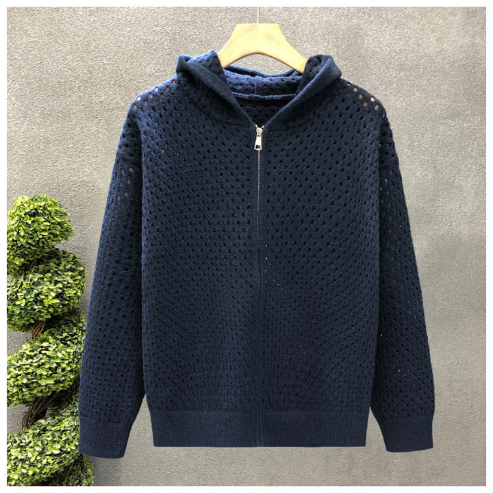 Unisex Leichte Lochstrick-Kapuzenzipjacke mit Ajourmuster Echoarchiv