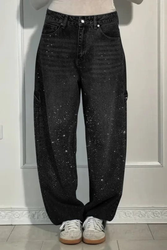 Damen High-Waist Jeans im weiten Cargo-Schnitt mit funkelndem Strassbesatz Echo Archiv