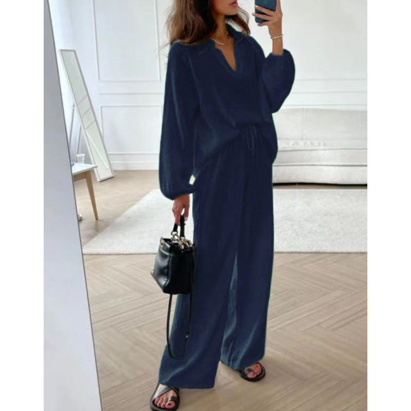 Damen Leichtes Crinkle-Lounge-Set mit V-Ausschnitt und weiter High-Waist-Hose Echo Archiv