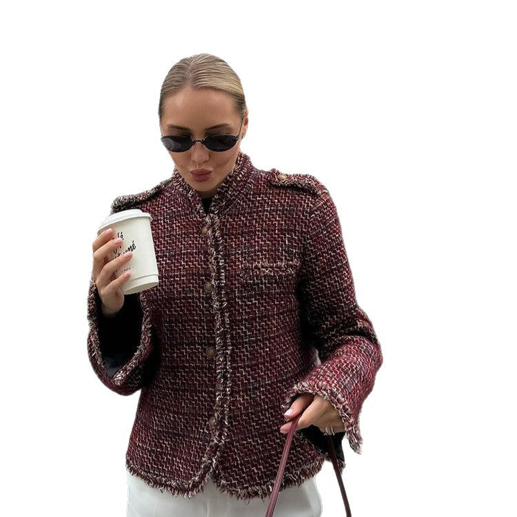 Damen Kurze Bouclé-Tweed-Jacke mit Fransenbesatz und Zierknöpfen Echoarchiv
