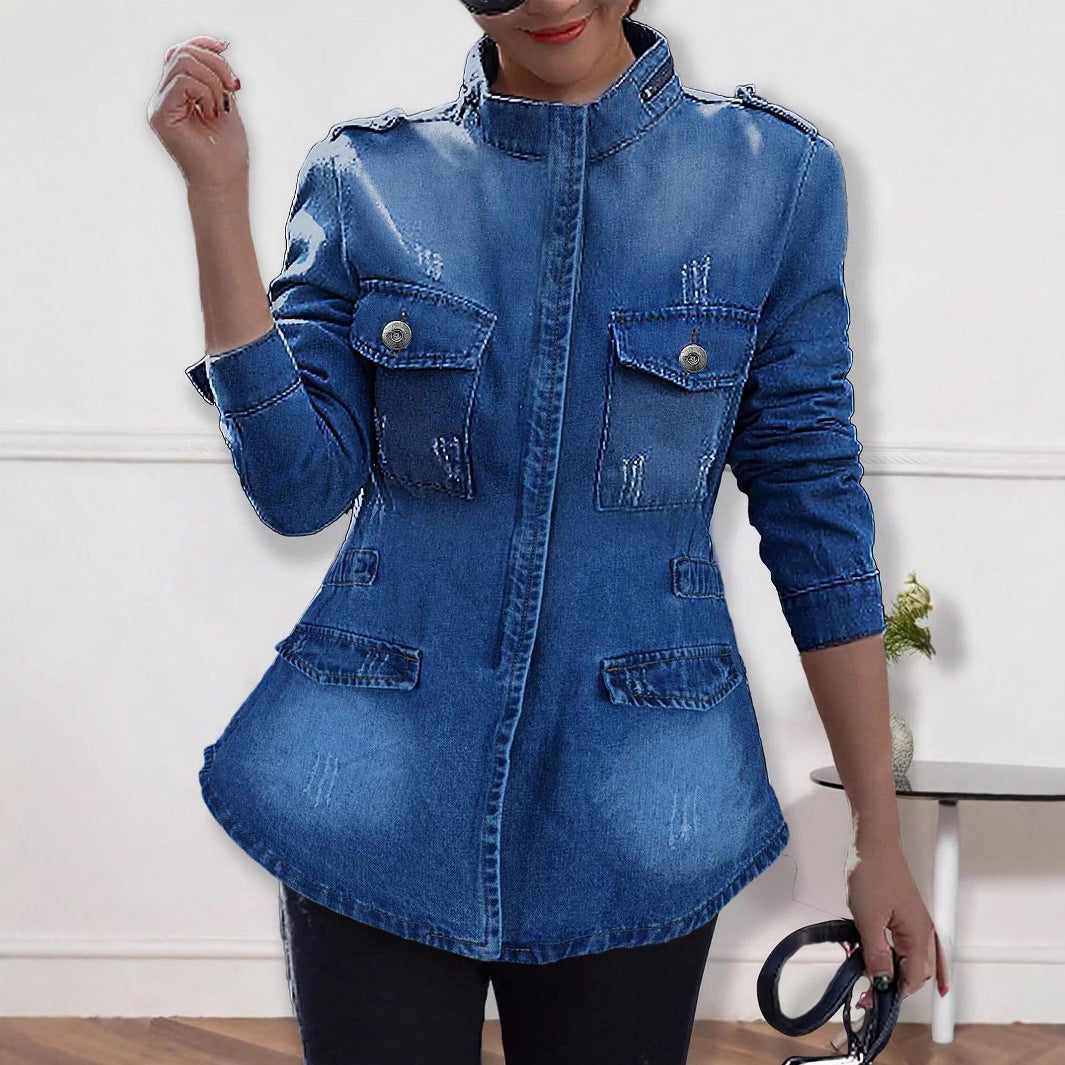 Damen taillierte Denim-Jacke im Military-Style mit Stehkragen und Pattentaschen Echo Archiv