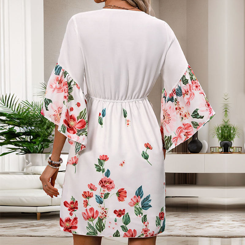Damen Midikleid mit V-Ausschnitt, Empire-Taille und ausgestellten Flügelärmeln Echoarchiv