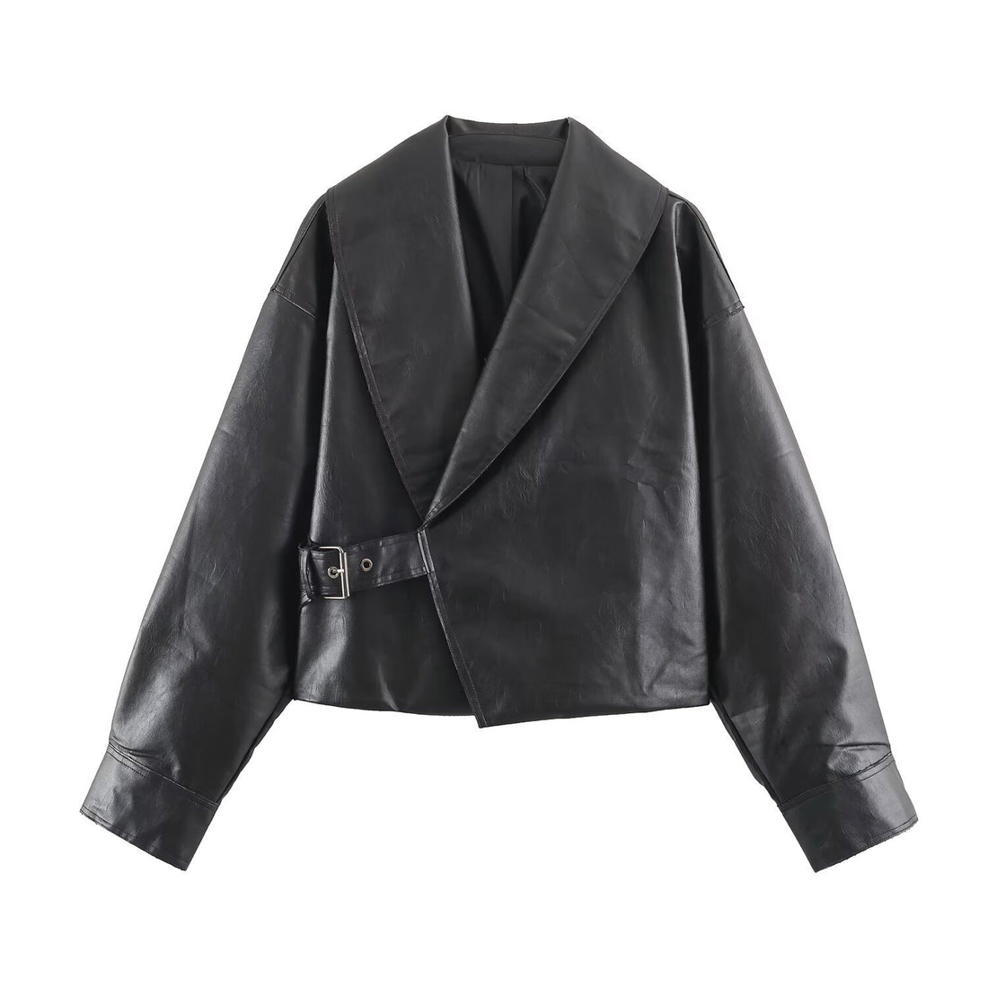 Damen Kurze Oversize-Lederoptikjacke mit weitem Schalkragen und Gürtel Echo Archiv