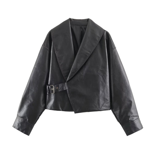 Damen Kurze Oversize-Lederoptikjacke mit weitem Schalkragen und Gürtel Echo Archiv