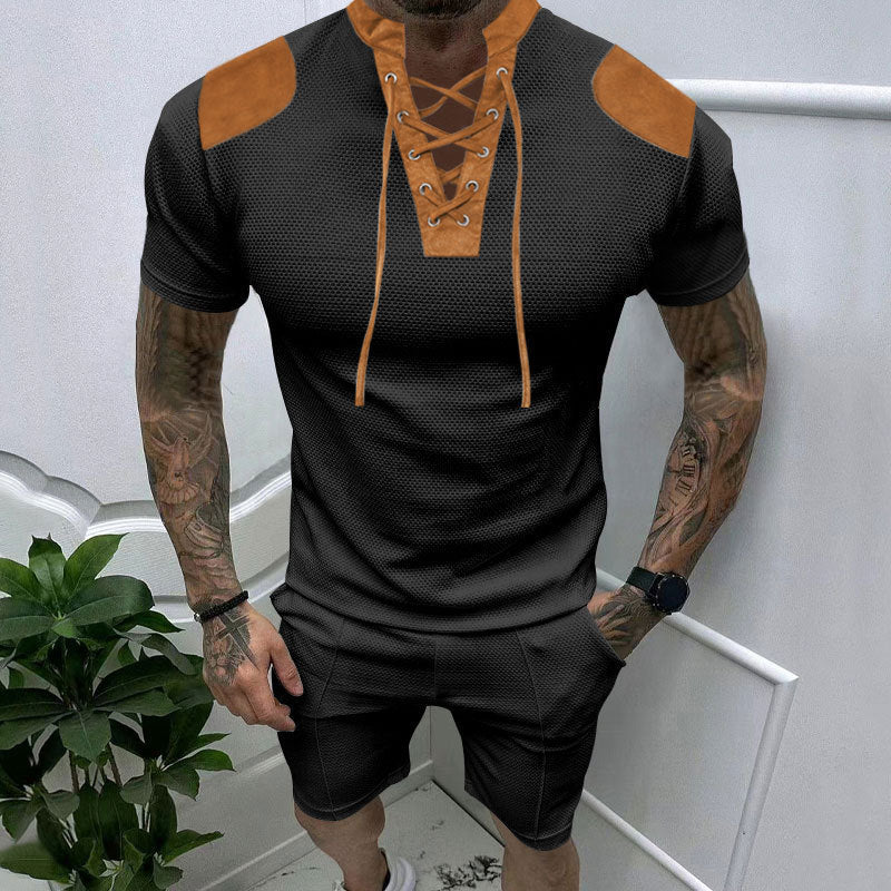 Herren lässiges Kurzarmshirt mit einzigartigem Schnürdesign und modernen Akzenten Echoarchiv