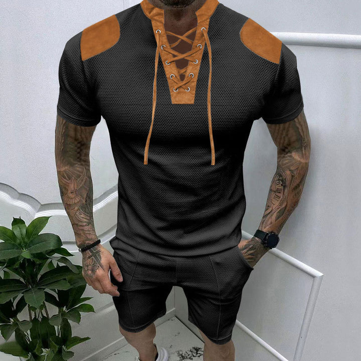 Herren lässiges Kurzarmshirt mit einzigartigem Schnürdesign und modernen Akzenten Echoarchiv