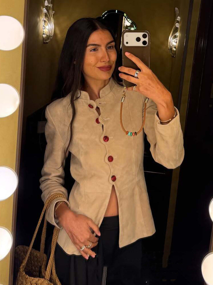 Damen Taillierter Wildleder-Blazer mit Stehkragen und Zierknöpfen Echoarchiv