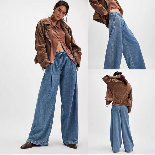 Damen nan hochgeschnittene Denim-Palazzohose mit markanten Bundfalten und extra weitem Bein Echo Archiv