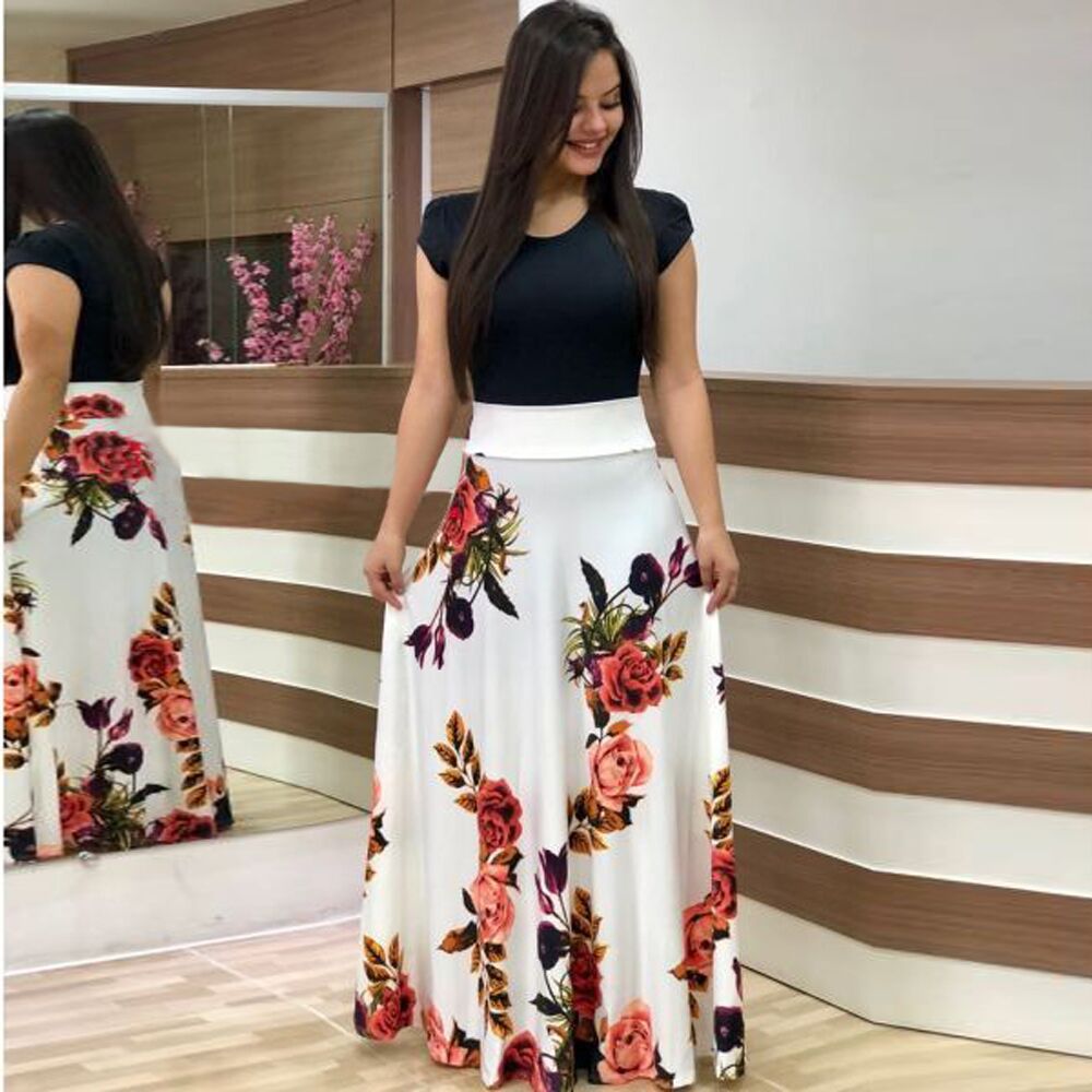 Damen Elegantes Maxikleid mit grafischem Druck und flexiblem Bund Echo Archiv
