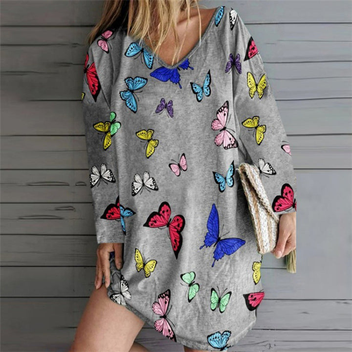 Damen Oversize Tunika-Kleid mit V-Ausschnitt und Schmetterlingsprint – Lunéa