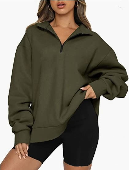 Damen oversized Sweatshirt mit halbem Reißverschluss, weichem Fleece-Innenfutter und Kängurutasche – Avérine