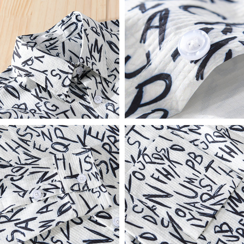 Herren Locker geschnittenes Langarm-Overshirt mit Allover-Letterprint und Brusttasche Echoarchiv