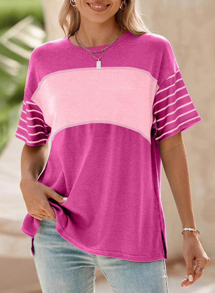 Damen Oversize-Shirt mit Kontrastpaneel, gestreiften Ärmeln und Seitenschlitzen Echo Archiv