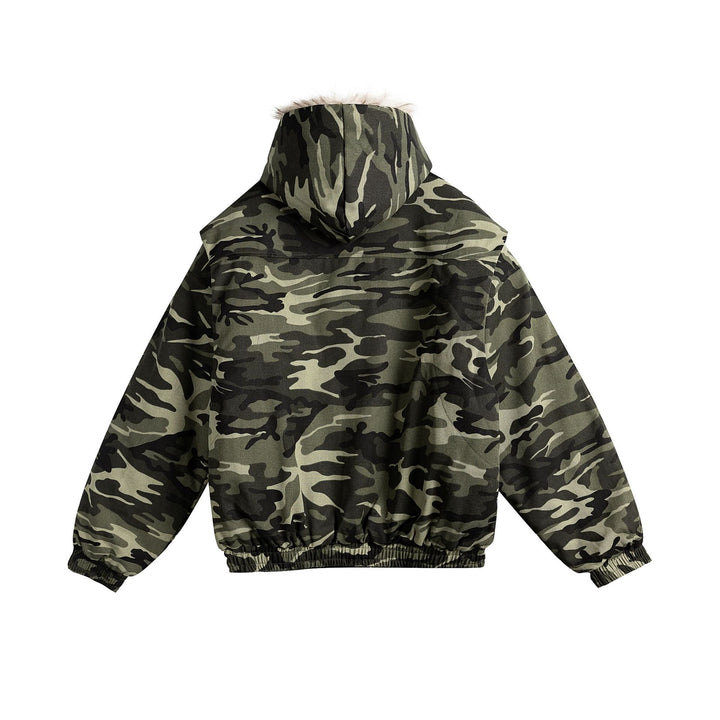 Damen Kurz geschnittene Camouflage-Übergangsjacke mit Kunstfellkapuze und elastischem Saum Echoarchiv