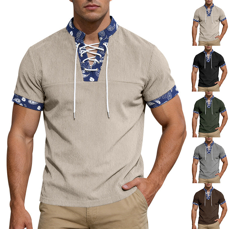Herren nan Kurzarm-Schnürshirt mit Bandana-Besatz und strukturierter Jerseyqualität Echo Archiv