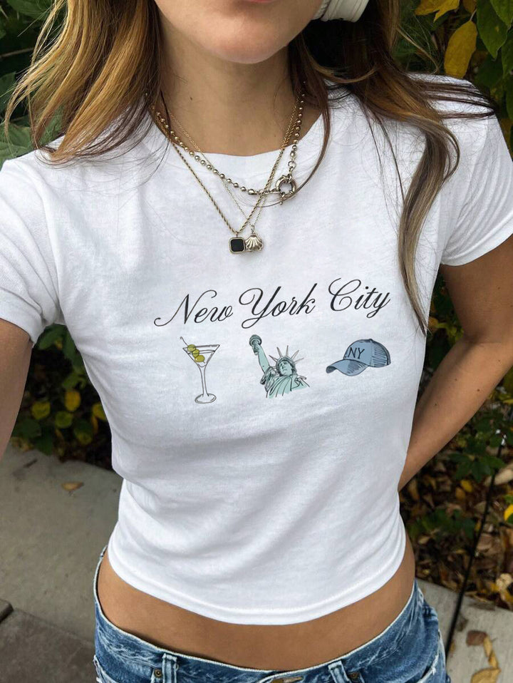 Damen figurbetontes Kurzarm-T-Shirt mit verspieltem Aufdruck Echo Archiv
