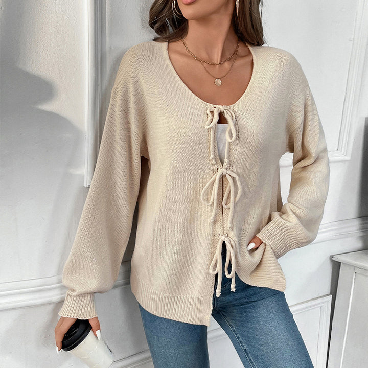 Damen Lässiger Strickpullover mit dreifacher Schnürfront, Rundhalsausschnitt und Oversize-Silhouette Echoarchiv
