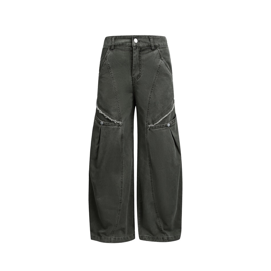 Damen Weite High‑Waist Cargo‑Hose im Vintage‑Workwear‑Look mit Aufgesetzten Taschen und Fransen-Details Echoarchiv