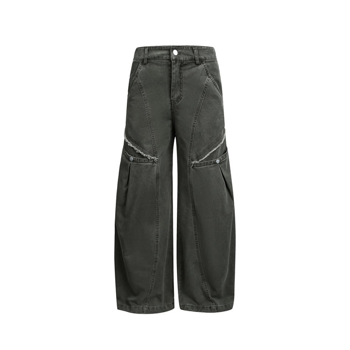 Damen Weite High‑Waist Cargo‑Hose im Vintage‑Workwear‑Look mit Aufgesetzten Taschen und Fransen-Details Echoarchiv
