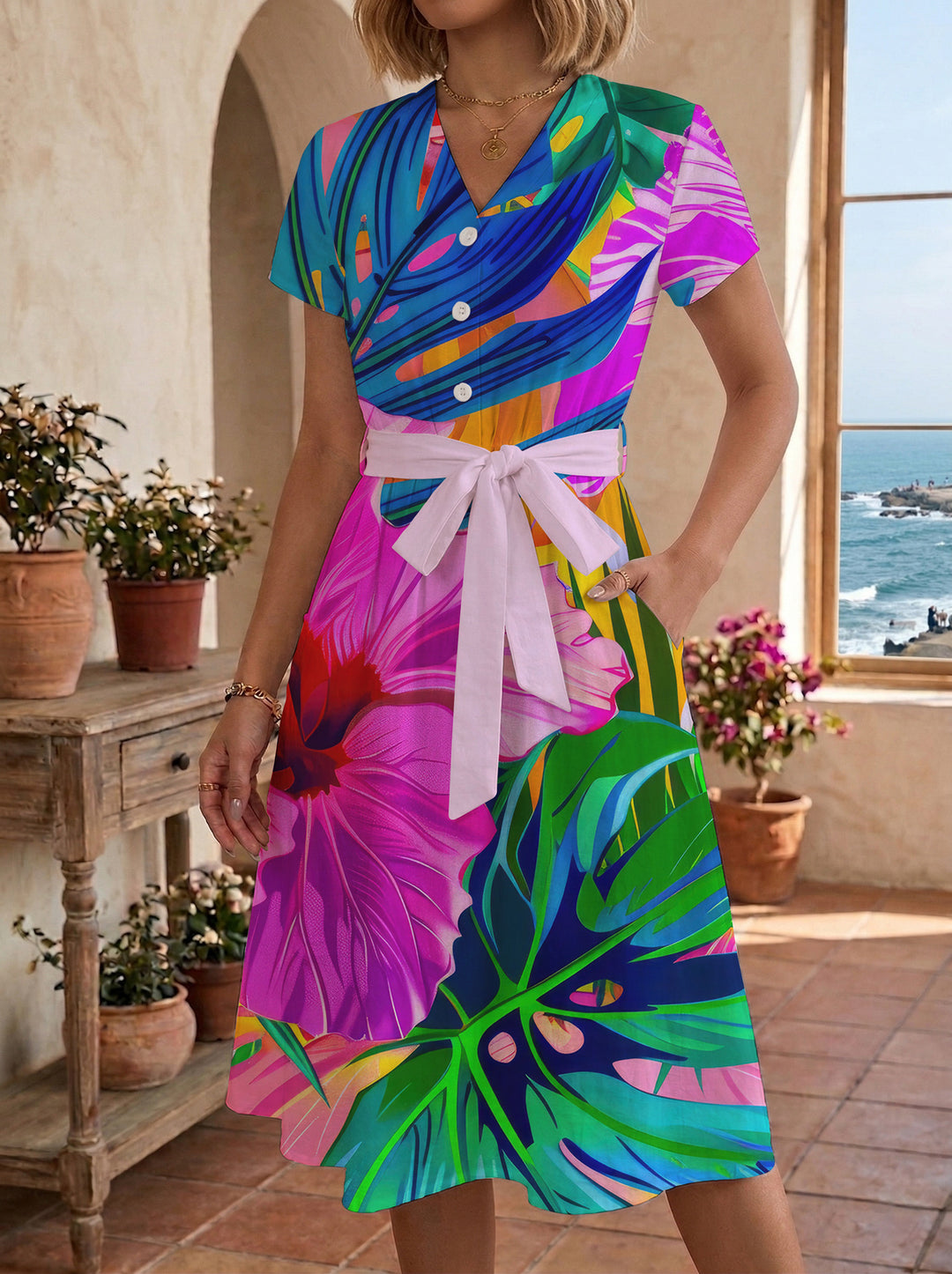 Damen Midikleid mit farbenfrohem Blumendesign und taillierbarem Bindegürtel Echo Archiv