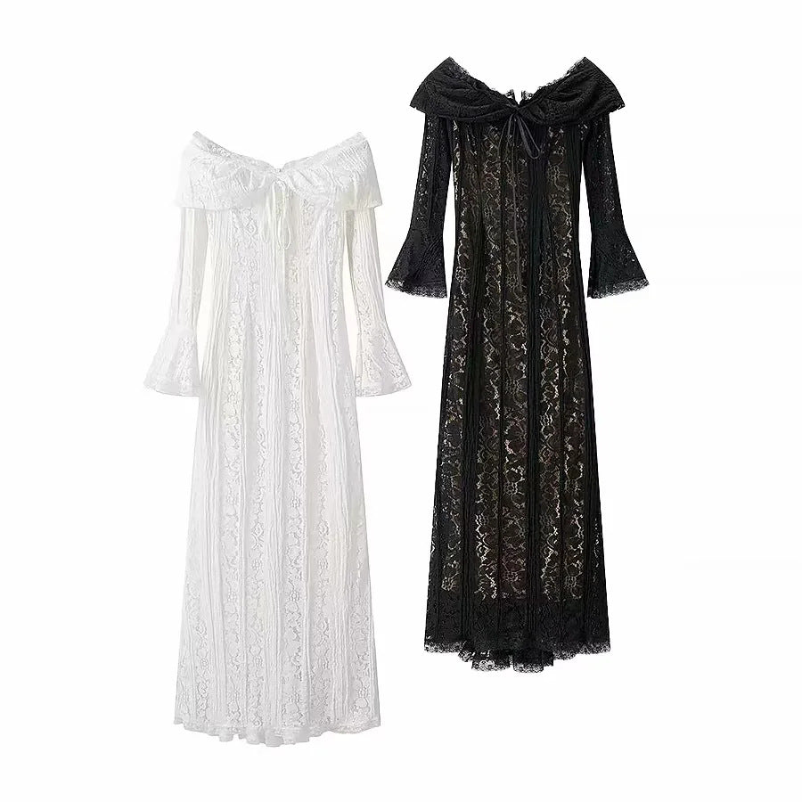Damen Spitzenmaxikleid mit Carmen-Ausschnitt, durchscheinender Spitze, figurumspielender Innenlage und Glockenärmeln – Valéora
