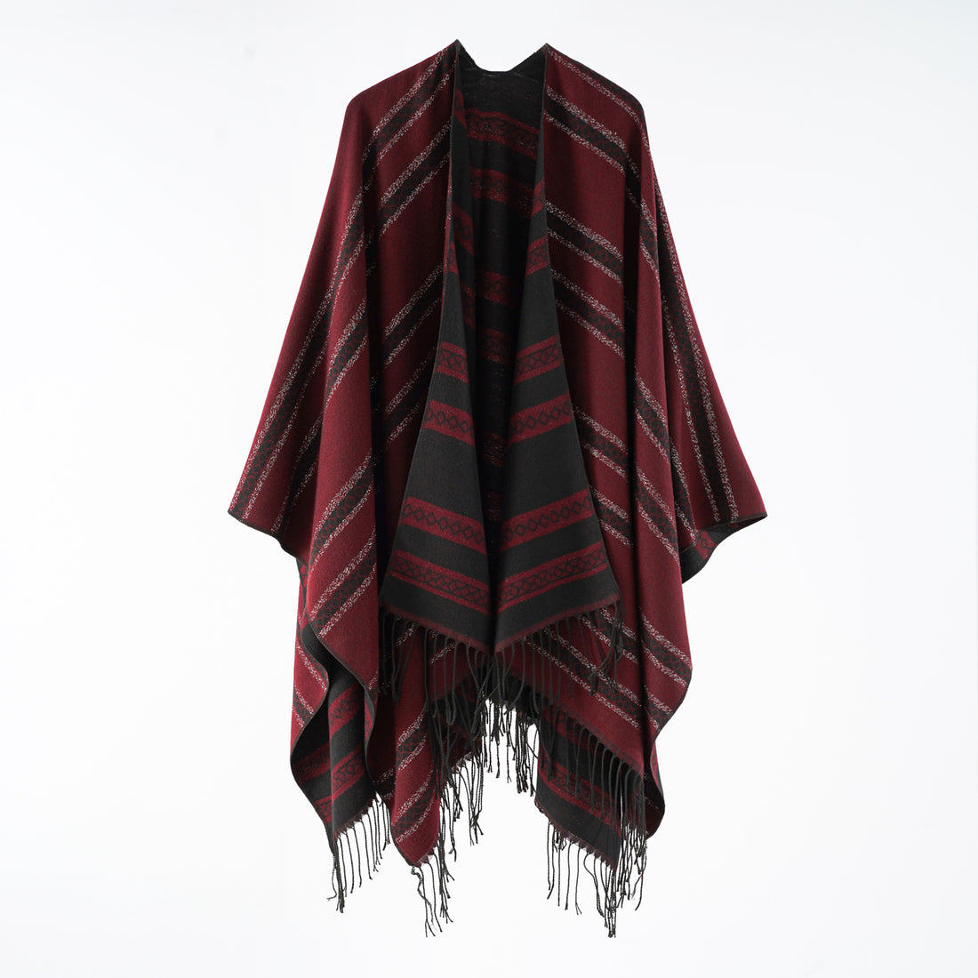 Damen Wollmix-Wickelponcho im Jacquardstreifen mit Fransen – Montévia