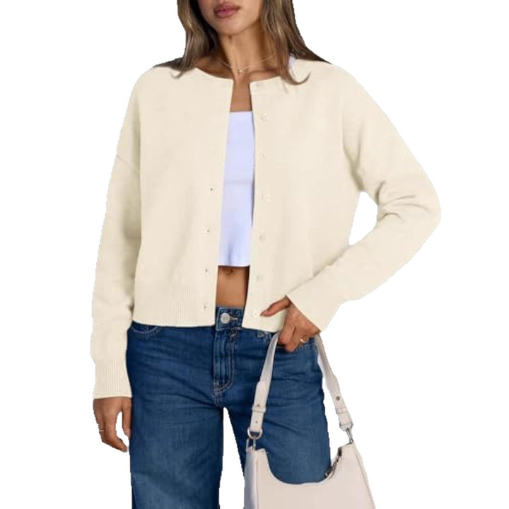 Damen Cropped Strickjacke im Boxy‑Schnitt mit Rundhals und Rippbündchen – Veloura