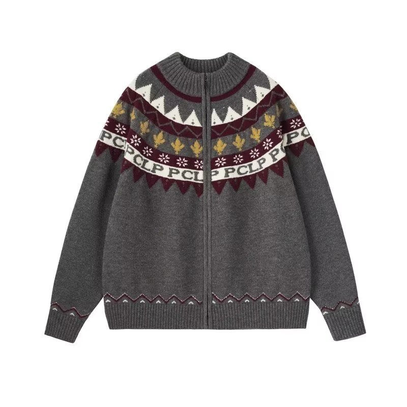 Damen Lässige Strick-Zipjacke mit Jacquard-Yoke und Rippbündchen Echoarchiv