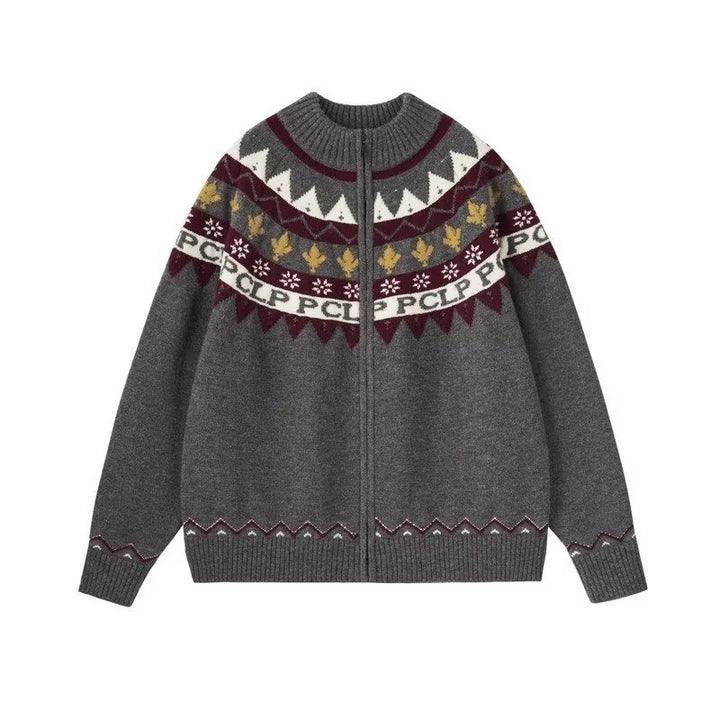 Damen Lässige Strick-Zipjacke mit Jacquard-Yoke und Rippbündchen Echoarchiv