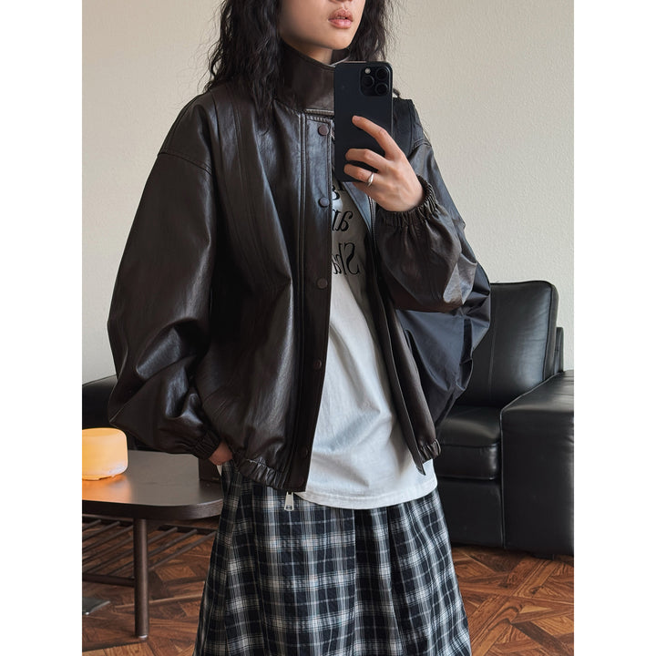 Damen Oversize-Lederimitat-Bomberjacke mit Stehkragen und elastischem Saum Echoarchiv