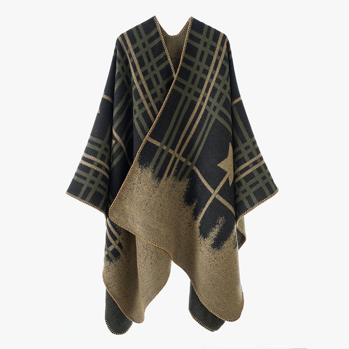 Damen Oversize-Capeponcho aus Wollmix mit Stern- und Karojacquard und weichfallendem Fall Echo Archiv