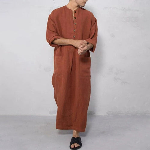 Herren nan weites langes Tunika-Kaftan aus atmungsaktivem Leinen mit Stehkragen Knopfblende und aufgesetzten Taschen Echoarchiv