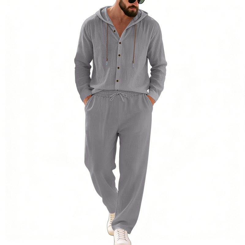 Herren nan legeres Kapuzen-Lounge-Set mit Knopfleiste, Kordelbundhose und seitlichen Eingrifftaschen Echo Archiv